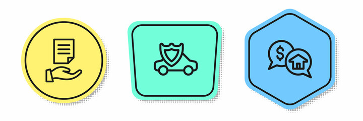 Set line House contract, Car with shield and Price negotiation. Colored shapes. Vector