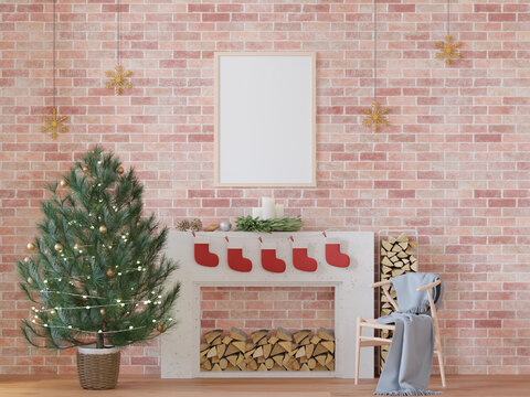 Mockup photo frame in living room christmas theme interior