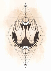 Female open hands over sacred geometry design elements. Alchemy, philosophy, spirituality symbols. Vintage vector illustration in vintage style isolated on white.