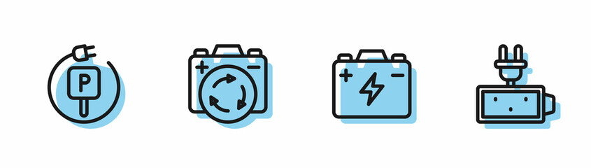 Set line Car battery, Charging parking electric car, Battery with recycle symbol and charge icon. Vector