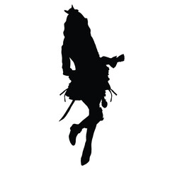 drawing of a vector black silhouette on a white background. a beautiful girl with long disheveled hair dressed in a dress with a long skirt. she has leather boots and ribbons on her dress.  2d art
