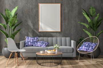 3D illustration Mockup photo frame in living room rendering