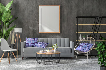 3D illustration Mockup photo frame in living room rendering