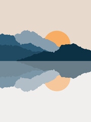 Abstract colorful illustration of sunrise with blue mountains reflected in the lake