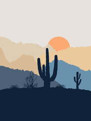 Mexican desert at sunrise illustration with sun, mountains and cactus decoration in navy blue, orange, blue and beige colors on pastel grey background