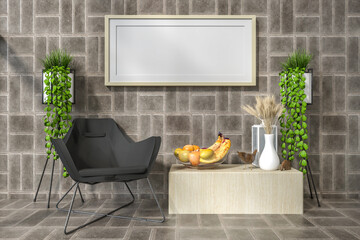 3D illustration Mockup photo frame in living room rendering