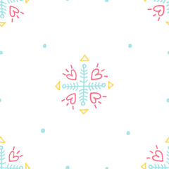 A cute and simple festive pattern or illustration in the form of an abstract cartoon snowflake in different pastel colors on a white background. Festive illustration or pattern