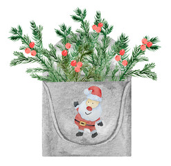 Watercolor christmas silver mailbox with santa claus and fir branches.
