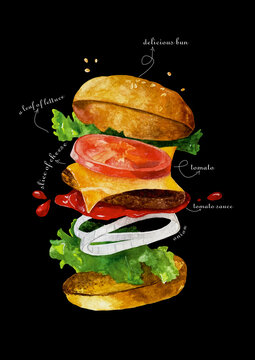 Watercolor Deconstructed Hamburger On Black Background. Watercolor Cheeseburger With Tomato, Onion And Leaves. Fast Food Illustration. Burger Explosion With Lettering