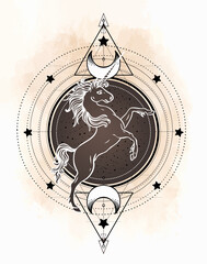 Unicorn over sacred geometry design elements. Alchemy, philosophy, spirituality symbols. Black, white vector illustration in vintage style isolated on white.