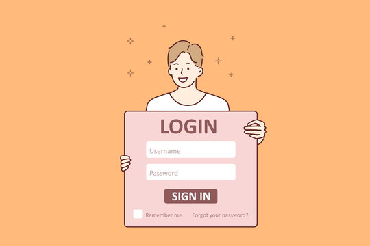 Signing in personal page concept. Young smiling boy cartoon character standing holding huge sign with username and password for login vector illustration 