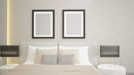 Mockup frame on wallpaper and bed,Poster Mockup,3D rendering