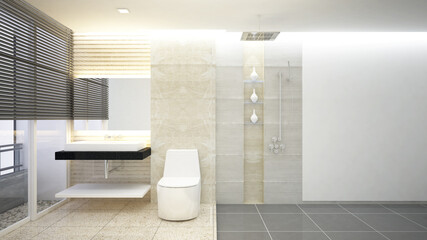 Naklejka na ściany i meble bathroom interior with a shower toilet and a sink,Side view. 3D Rendering