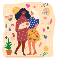 A set of LGBTQ couple with children, gays, lesbians, moms and baby. Relations and rights of homosexual partners. Vector illustration in a flat cartoon style