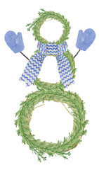 Funny watercolor snowman made of Christmas wreath with blue scarf and mittens