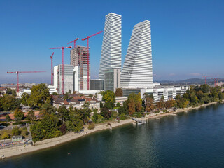 Drone view at the Roche industry towers at Basel on Switzerland - obrazy, fototapety, plakaty
