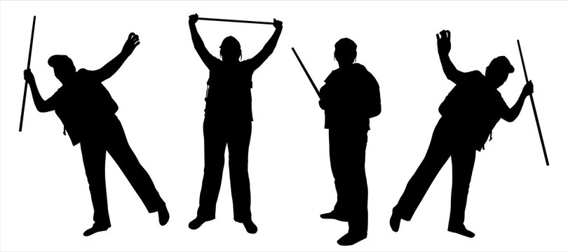 Women in different positions with a raised hand. Fall, stumble, bend to the side. Female silhouette in a cap, with a backpack behind her back and a walking stick in her hands. Isolated on white.