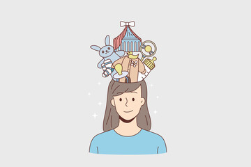 Thinking of child and baby concept. Young woman cartoon character standing having baby issues toys clothes dummy keeping in mind vector illustration 