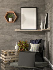 3D illustration Mockup photo frame in living room rendering