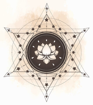 Lotus and Sacred Geometry. Ayurveda symbol of harmony and balance, and universe. Tattoo flesh design, yoga logo. Boho print, poster, t-shirt textile. Anti stress book. Isolated vector illustration.