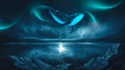 Abstract night fantasy landscape with an island, a whale in the sky, a dark fantasy scene, an unreal world, a fish, a whale, a sperm whale. Reflection of neon light, water, depths of the sea. 3D  © MiaStendal