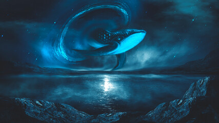 Abstract night fantasy landscape with an island, a whale in the sky, a dark fantasy scene, an unreal world, a fish, a whale, a sperm whale. Reflection of neon light, water, depths of the sea. 3D  © MiaStendal