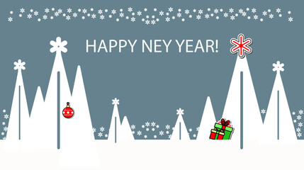 New Year card. Snow-covered fir trees, gifts and decorations: balls and stars, falling snowflakes. The pattern can be used to decorate holiday gifts and surprises. 