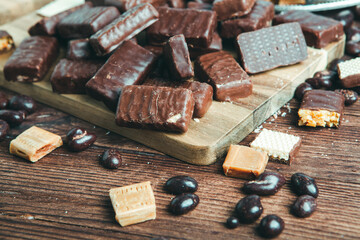 Assortment of delicious chocolate candies background. Chocolate candy isolated 