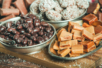 Assortment of delicious chocolate candies background. Chocolate candy isolated 