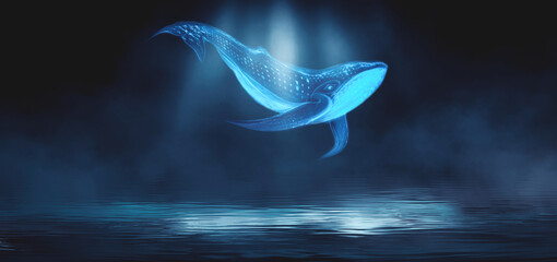 Abstract night fantasy landscape with an island, a whale in the sky, a dark fantasy scene, an unreal world, a fish, a whale, a sperm whale. Reflection of neon light, water, depths of the sea. 3D  © MiaStendal