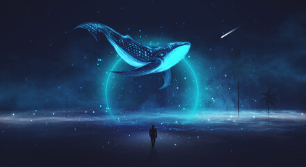 Abstract night fantasy landscape with an island, a whale in the sky, a dark fantasy scene, an unreal world, a fish, a whale, a sperm whale. Reflection of neon light, water, depths of the sea. 3D  © MiaStendal