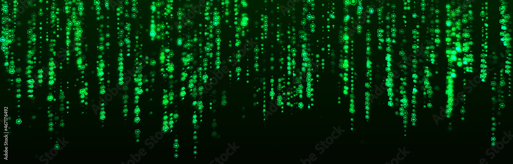Poster cyberspace with green digital falling lines. geometric flow in cyberspace. high speed. big data conn