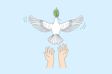 Freedom and releasing good news concept. Human hands letting white pigeon with green leaf in beak go over blue sky background vector illustration 