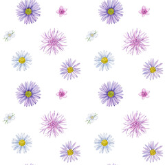 Watercolor flowers seamless pattern. Wild meadow flowers rapport can be used as print, postcard, invitation, packaging design, textile, fabric, wrapping paper.