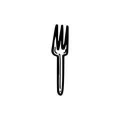 Plastic disposable fork. Cutlery for the holiday. Element for decorating a fun party. Hand drawn line vector illustration in doodle style.