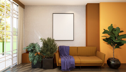 3D illustration Mockup photo frame in living room rendering