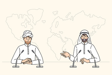 Press conference of arab businessmen concept. Two islam men partners businessmen sitting talking having press conference vector illustration 