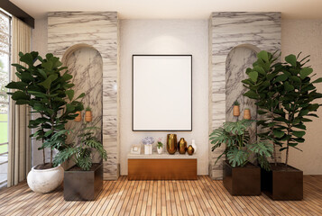 3D mockup photo frame with houseplant rendering