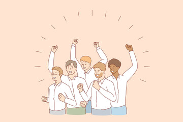 Mixed race team and success concept. Group of young men colleagues worker of various ethnicities standing celebrating success together vector illustration 