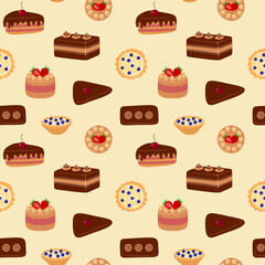 Pattern of sweet delicious cakes. Cartoon style hand drawn vector illustration. Cakes with cream, berries and chocolate. For greeting cards, restaurants and bakery menus.