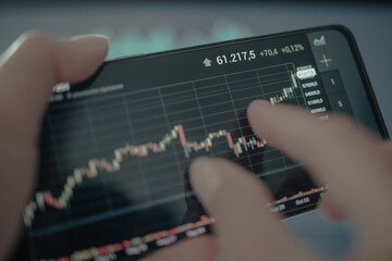Trader investor discussing and analysis graph on smartphone. Finance application for sell, buy and analysis profit dividend statistics
