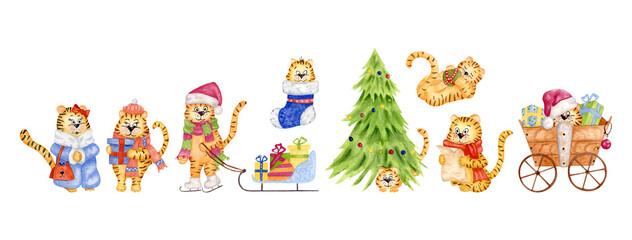 Watercolor big set with Christmas tigers. Singing tiger near the tree. Sled with gifts for the new year. Tiger sitting in a wooden cart. Cute animal new year set. Striped cheerful orange tigers.