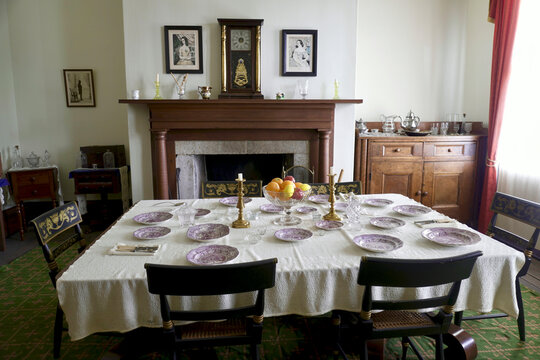 Fort Scott National Historic Site in Kansas. Interior of restored officers' quarters. The dining table and "Millennial" china reflect the elegant lifestyle enjoyed by officer's family.