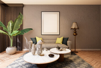 3D illustration Mockup photo frame in lounge room rendering