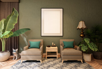3D illustration Mockup photo frame in lounge room rendering
