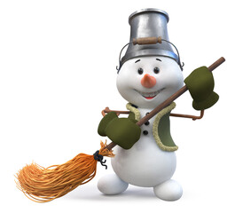 3d illustration A snowman with a broom and bucket on his head
