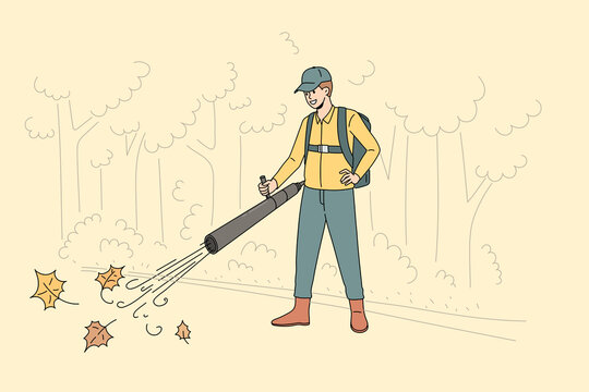 Cleaning park from fallen leaves concept. Young smiling man worker cartoon character in uniform standing and cleaning vacuuming fallen leaves in park vector illustration 
