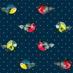 Seamless watercolor pattern with the image of cute birds bullfinches and titmouses on a dark background. Texture for fabric, clothing, wallpaper, wrapping paper, stationery.