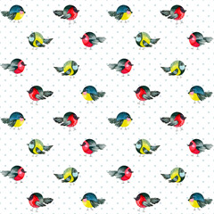 Seamless watercolor pattern with the image of cute birds: bullfinches and titmouse on a polka dot background.Texture for fabric, clothing, wallpaper, wrapping paper, stationery.