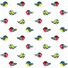 Seamless watercolor pattern with the image of cute birds: bullfinches and titmouse on a polka dot background.Texture for fabric, clothing, wallpaper, wrapping paper, stationery.